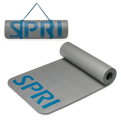 SPRI 12mm Pro Fitness Matt - Thick Exercise Mat for Floor Workouts, Sit-Ups, Push-Ups, Stretching, Toning, and General Fitness - Non-Slip Texture, Cushioned, Portable Rolling Mat with Carrying Strap - color: Grey