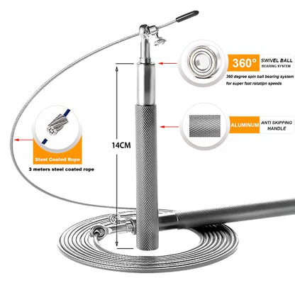 Speed Jump Rope - 360° Swivel Ball Bearing - Adjustable steel coated rope-Aluminum Anti Skipping Handle -Fitness Training Boxing Sports Exercises -Suitable for Kids and Adults - color: Sillver
