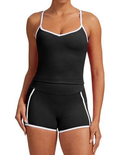 QBGJTD Women 2 Piece Workout Sets Cross Back Tank Top and High Waist Booty Lifting Shorts Yoga Active Outfits with Pockets - color: Black, size: Small