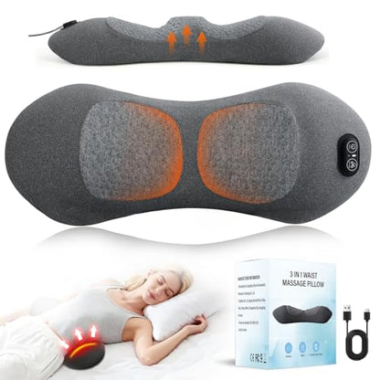 3-in-1 Electric Lumbar Support Pillow with Adjustable Height for Bed and Chair, Triple Fusion Cordless Back Massager with Heated, Vibration, Traction, Lower Back Pain Relief for Home & Office, Car