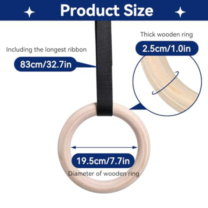 1 Pair Gymnastics Rings, 150KG / 330LB Load Pull Up Exercise Rings with Adjustable Buckle Straps Wood Home Workout Equipment for Men Women