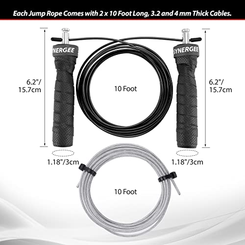 Synergee Jet Black Speed Jump Rope - (2) Adjustable 10 Ft Cable - Steel Ball Bearings - For CrossFit, MMA, Boxing & Fitness, Anti-Slip Handles.