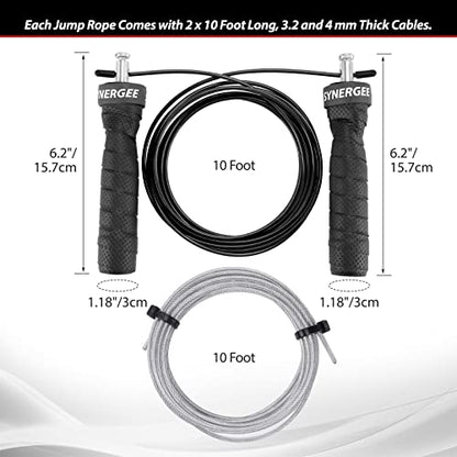 Synergee Jet Black Speed Jump Rope - (2) Adjustable 10 Ft Cable - Steel Ball Bearings - For CrossFit, MMA, Boxing & Fitness, Anti-Slip Handles.