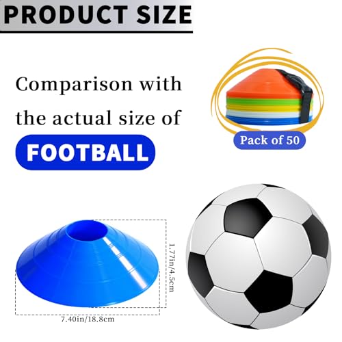 Pro Disc Cones (Set of 50) | Drawstring Bag & Strap, for Soccer, Basketball, Football, Agility & Sports Drills Training
