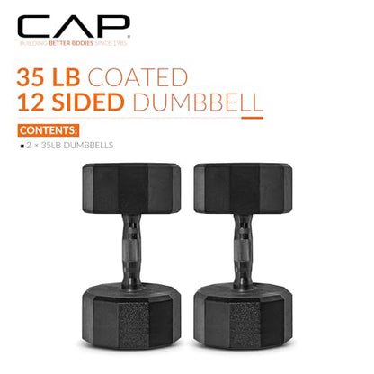 CAP Rubber Coated Dumbbell Weights, Free Weights for Home Gym Strength Training, Anti-Roll Hex Dumbbells with Black, Chrome & Comfort Grip Handles, Pairs & Sets - size: 35 lb - Pair, style: 12-Sided - Black Handle
