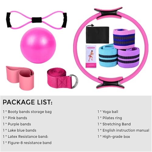 Pilates Ring Kit for Women Home Workouts Better Pilates Essentials Kits Equipments Sets Accessories Magic Ring Booty Bands Glutes Yoga Ball 25cm Figure 8 Resistance Yoga Bands for Stretching 8 Pcs