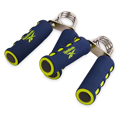 Reebok 2-Pack Hand Grips, Spring Coiled Wrist, Fingers & Forearm Strength Trainer with Soft Foam Handles, Improves Grip Strength, Resistance Hand Gripper for Manual Exercises & Rehab - color: Blue/Lime