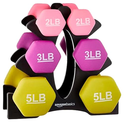 Amazon Basics Neoprene Dumbbell Hand Weights for Exercise and Muscle Toning - style: Rack with 3 Pairs (2, 3, and 5 Pound)