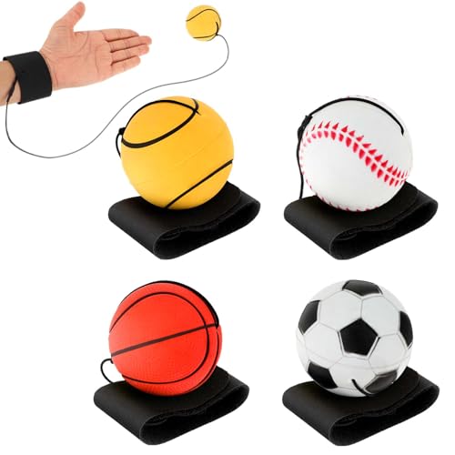4 Pieces Wrist Return Ball, 2 Inch Rubber Rebound Ball Wristband On A String Sports Wrist Ball Includes Basketball, Baseball and Football for Teens Adults Wrist Exercise or Play