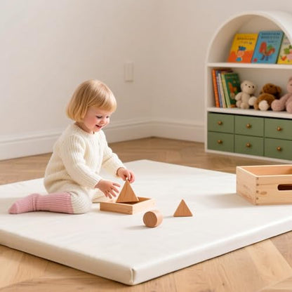 Huloo Sleep Baby Play Mat 50x50 Inches, 1.3" Thick Padded Waterproof Floor Cushion & Playpen Mat with Vegan Leather, Non-Slip & Non-Toxic Nursery Rug for Infants, Toddlers & Kids(Cream)