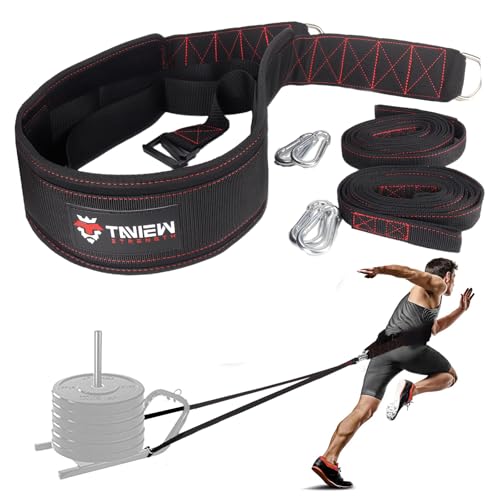 TAVIEW Sled Pulling Belt with Adjustable Closure, 2 Sled Pulling Straps & 4 Hooks – Ideal for Resistance Training, Strength