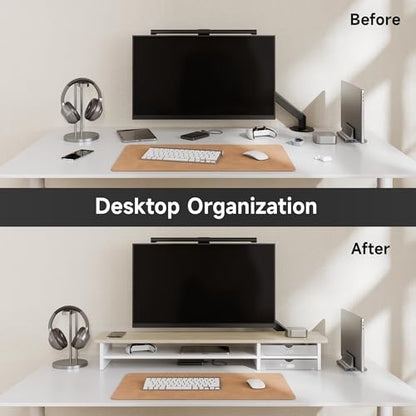 Fenge Monitor Stand, Desk Computer Riser with Frosted Storage Drawer, Oak - color: Oak