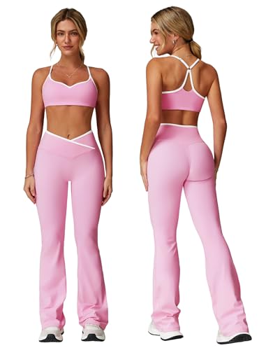 ABOCIW Two Piece Workout Sets for Women Color Block Strappy Sports Bra High Waist Flared Leggings 2 Piece Gym Set Yoga Active Wear Pilates Outfits Work Out Clothes Colorblock Pink X-Large