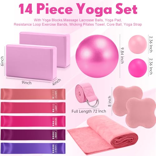 14 Pcs Yoga Kits for Home Workouts Pilates Equipment Set for Women Beginners, Hot Yoga Towel Blocks Strap, Knee Pad, Resistance Loop Exercise Band, Massage Lacrosse Ball, Pilates Ball