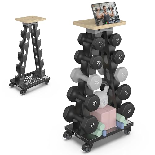 Vertical Dumbbell Rack Stand with Wheels, 5-Tier A-Frame Mobile Weight Storage for Dumbbells, 300LBS Capacity Professional Solid Steel with Training Assist Platform & Bottom Tray, Perfect for Home Gym Fitness Organization (Rack Only)