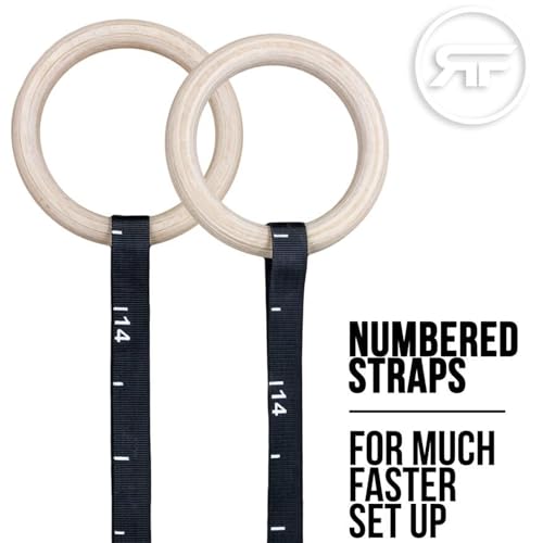 REP Fitness Wood Gymnastic Rings with Numbered Heavy Duty Adjustable Straps - Perfect for Cross-Training Workouts, Gymnastics and Conditioning - size: 1.11", style: 14' Straps