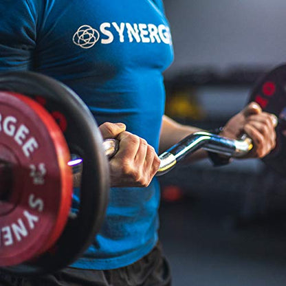 Synergee Commercial EZ Curl Olympic Bar Chrome & Black Phosphate with Powder Coated Brass Bushings Excellent for Bicep Curls and Triceps Extensions