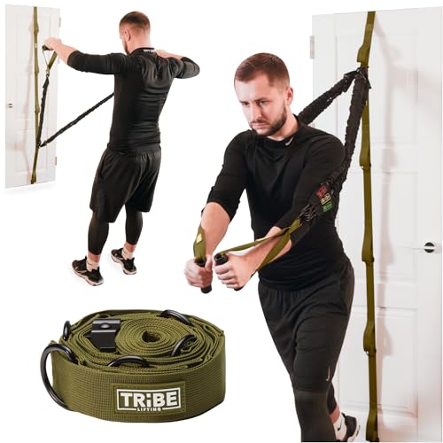 Door Anchor Strap for Resistance Bands with 5 Loops and Metal D-Rings - color: Green Door Strap