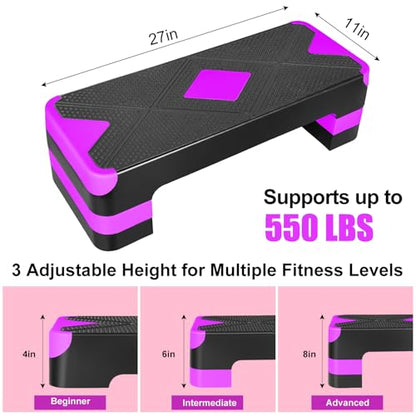 Exercise Workout Aerobic Step Platform Trainer, 27" Aerobic Stepper with 4"-6"-8" Adjustable Height Risers (Purple)