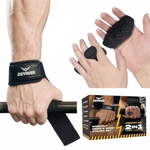 2-in-1 Wrist Straps for Weightlifting with Anti-Slip Hand Grips, Gym Lifting Straps with 60 cm Cotton Support, Padded Durable Design, Wrist Lifting Straps Gloves Alternative