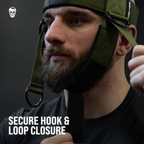 Gymreapers Neck Harness Weight Lifting - Neck Trainer Workout Equipment - Heavy Duty Stainless Steel Chain, Adjustable Neoprene Head Strap, Exercise Equipment for Strength & Pain Relief - color: OD Green