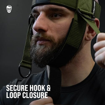 Gymreapers Neck Harness Weight Lifting - Neck Trainer Workout Equipment - Heavy Duty Stainless Steel Chain, Adjustable Neoprene Head Strap, Exercise Equipment for Strength & Pain Relief - color: OD Green
