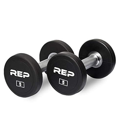 REP Fitness Urethane Coated Round Dumbbells, 5 to 100 lbs, Singles or Pairs, With or Without Rack, Steel Core, Rubber Encased, Chrome Handles, Professional Weights for Home Gym Strength Training - style: 05 lb Pair