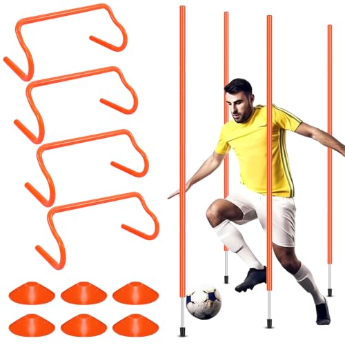 Agility Training Equipment Soccer Speed Training Includes 4 Adjustable Soccer Agility Poles 4 Agility Hurdles 6 Soccer Cones for Youth Adults Athletes Football Soccer Training