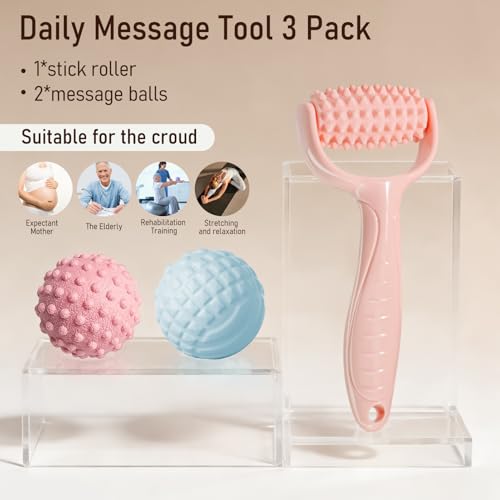 Massage Muscle Roller Stick & Ball Set 3 Pack- Deep Tissue Foot Body Massager with Trigger Point Therapy for Sore Myofascial Release Muscle Stress Relax Hand Arm Neck Feet Headache Blood Stimulation