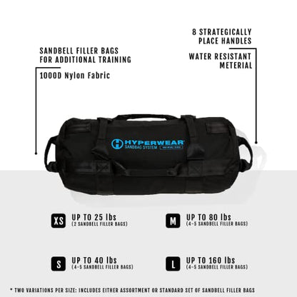 HYPERWEAR Adjustable Sandbag System, Heavy-Duty with Handles & Pre-Filled SandBell Filler Sandbags (25, 40, 80, 160 lbs) - color: SM 40 lbs Standard 4 Sandbells - Blue, size: 40 lb (4 x 10 lb SandBells)