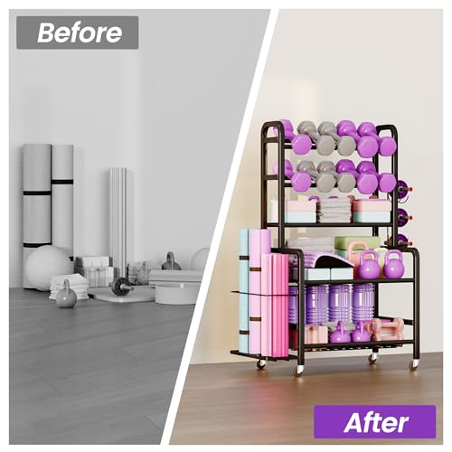 Homeiju Dumbbell Rack, Weight Rack for Home Gym, Yoga Mat Storage Holder with Lockable Wheels, Dumbbell Stand with Hooks, All in One Work out Equipment Storage for Yoga Mat Dumbbell and Balls