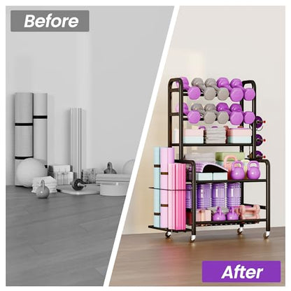 Homeiju Dumbbell Rack, Weight Rack for Home Gym, Yoga Mat Storage Holder with Lockable Wheels, Dumbbell Stand with Hooks, All in One Work out Equipment Storage for Yoga Mat Dumbbell and Balls