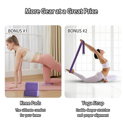 2 Yoga Blocks Supportive Accessories including 2 Knee Pads, 2 With Strap To Put Less Weight On Wrists, 1 Muscle Massage Roller, 2 Pair of Non-Slip Pilates Socks, 1 GYM Bag, Durable Versatile Yoga Brick Exercise Set of 10 - color: Purple