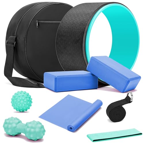 All in One Yoga Wheel Set, Soft Foam Roller Wheel for Back Pain & Stretching, Yoga Blocks 2 Pack with Strap, Trigger Point Therapy Massage Ball for Deep Tissue, Yoga Starter Kit for Beginner