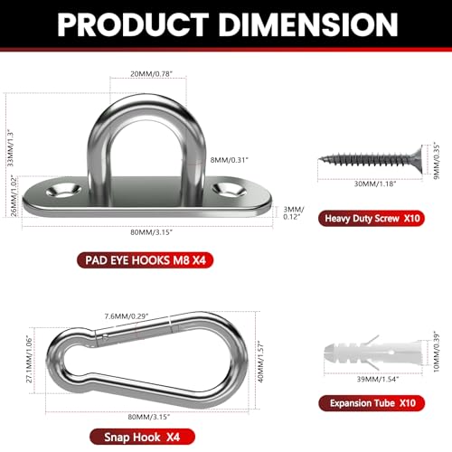 sprookber 304 Stainless Steel Pad Eye Snap Hook,M8 Ceiling Hook 1200Lb,8Pcs - size: 3.15 inch, style: Oval