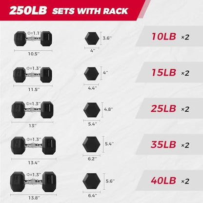 RitFit Rubber Coated Hex Dumbbell Set with Rack, 5-780LB for Home Gym Strength Training, Anti-Slip Knurled Handle, Hexagon Anti-Roll, Heavy-Duty Storage Rack - style: 250 LB Set with Red Adjustable Weight Bench (10-40LB）