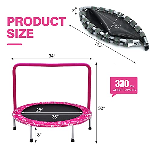 Giantex 36-Inch Mini Trampoline for Kids, ASTM Approved Foldable Rebounder Trampoline with Foamed Handle, Max Loaded 330 lbs, Indoor Safety Padded Fitness Trampoline