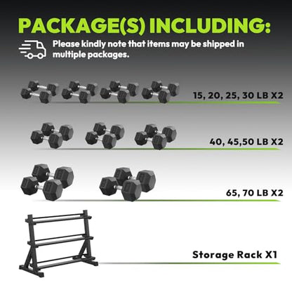 HANDBODE Hex Dumbbell Set with Rack, 300-840 lb Rubber Coated Fixed Weights Sets with Heavy Duty Storage Stand, Hexagon Shape, Multiple Weight Options Home Gym Equipment for Strength Training - style: 720 lb Set (15-70 lb) with Rack