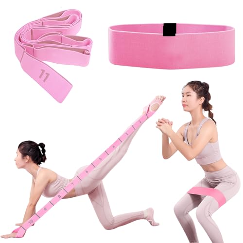 Glute Bands and Stretch Strap Set, Booty Band with 11 Loop Stretch Band for Women, Pilates, Yoga, Leg and Glute Workout, Flexibility Training and Home Exercise