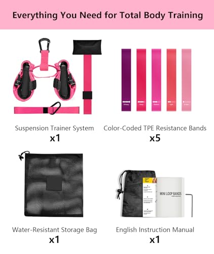 Home Resistance Training Kit - Full Body Workout Equipment with Suspension Straps, Handles & Door Anchor (Pink)