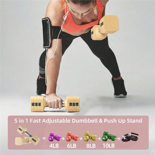 20LB Adjustable Dumbbell Set, 10lb Dumbbells Set of 2, 5 in 1 Free Weights Set, Each 4lb 6lb 8lb 10lb for Women & Men for Home Gym Exercise Workout Strength Training Equipment - color: Beige