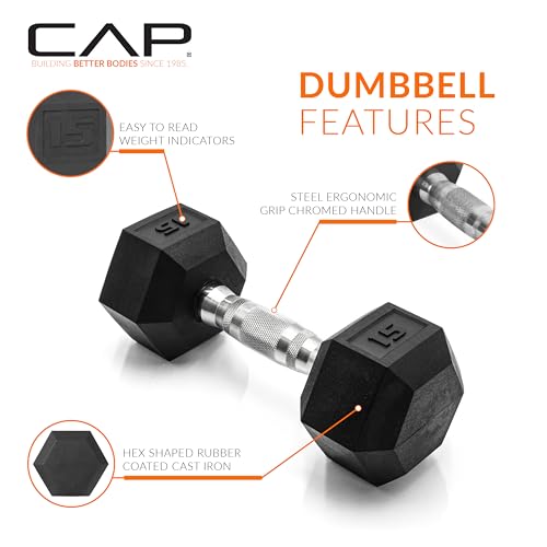 CAP Rubber Coated Dumbbell Weights, Free Weights for Home Gym Strength Training, Anti-Roll Hex Dumbbells with Black, Chrome & Comfort Grip Handles, Pairs & Sets - size: 15 lb - Pair, style: Chrome Handle