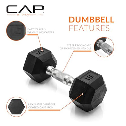 CAP Rubber Coated Dumbbell Weights, Free Weights for Home Gym Strength Training, Anti-Roll Hex Dumbbells with Black, Chrome & Comfort Grip Handles, Pairs & Sets - size: 15 lb - Pair, style: Chrome Handle