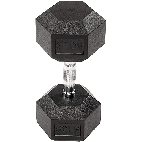Fitvids Rubber Encased Exercise & Fitness Hex Dumbbell, Hand Weights with Anti-Slip Metal Handle for Home Gym, Multiple Sizes - style: 50LB Single