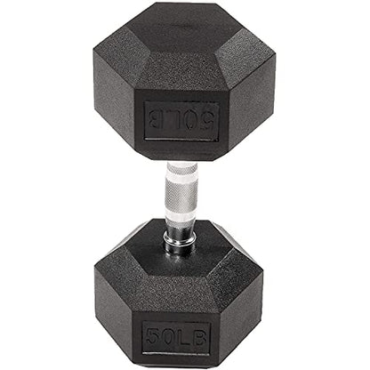 Fitvids Rubber Encased Exercise & Fitness Hex Dumbbell, Hand Weights with Anti-Slip Metal Handle for Home Gym, Multiple Sizes - style: 50LB Single