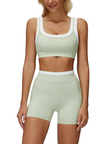 ABOCIW Womens Layerd Workout Sets Square Neck Sports Bra Tummy Control High Waist Biker Shorts Yoga Pilates Outfits - color: Sage Green, size: X-Small
