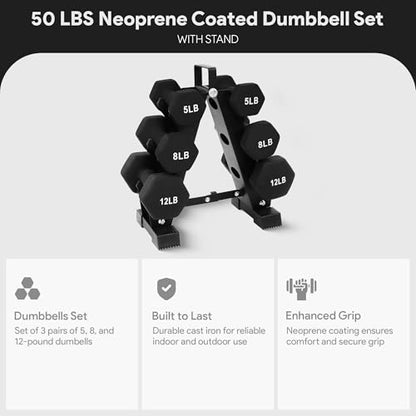 BalanceFrom Neoprene Coated Iron Dumbbell Hex Weights Set with Stand – Color-Coded or Black Options with Non-Slip Grip for Strength Training, Resistance Workouts, and Home Gym Fitness - style: 50LB Set