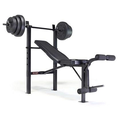 CAP Barbell Standard Weight Bench with Leg Developer and a 100 LB Vinyl Weight Set – Adjustable Backrest, Barbell, and Cement Plates for Home Gym
