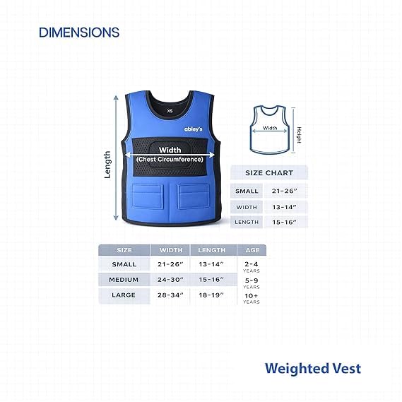 abley's Children's Sensory Weighted Vest for Children with Sensory Issues, Autism, ADHD | Adjustable Therapeutic Support | Compression Vest | Includes 6 Removable Weights | Blue, Large