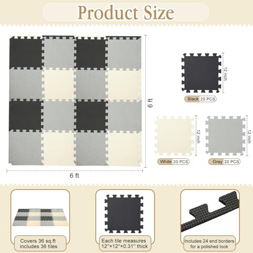 Nuanchu 60 PCS Kids Foam Puzzle Mat,Black, White, Gray - color: Black, White, Gray